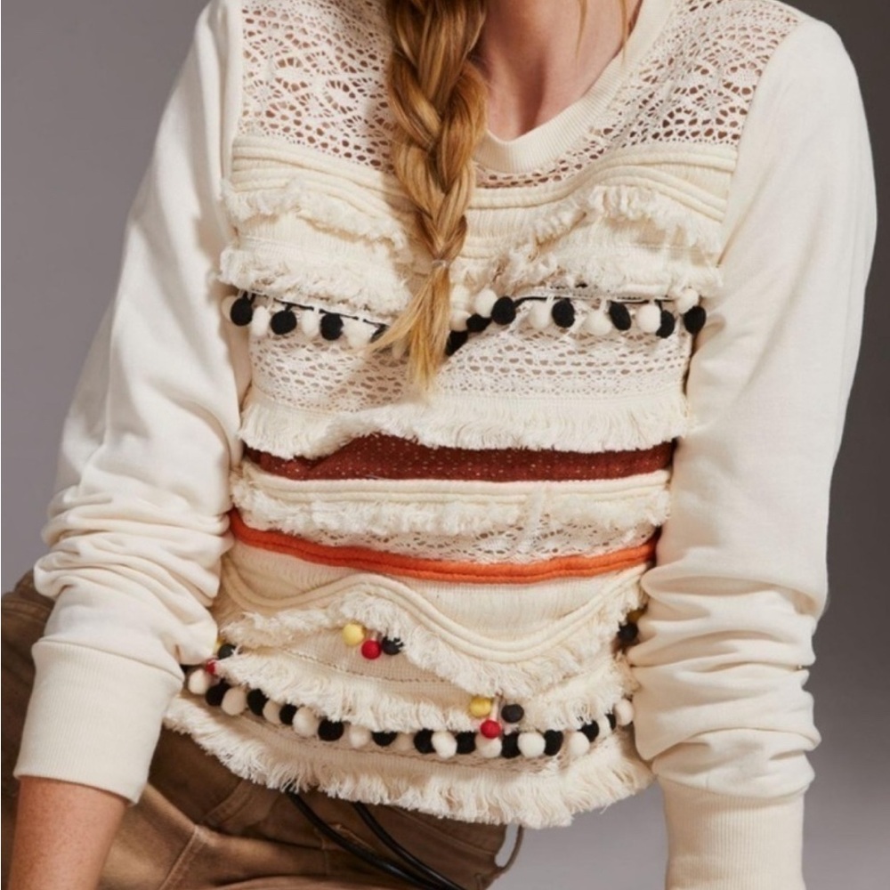 New Anthropologie Forever That Girl Fringe Embellished PomPom Sweatshirt Top XXS